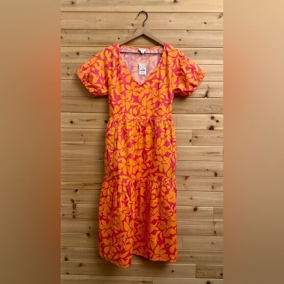 NWT J Crew Factory Size 2 Tiered Puff Sleeve V Neck Midi Preppy Dress - Picture 1 of 12